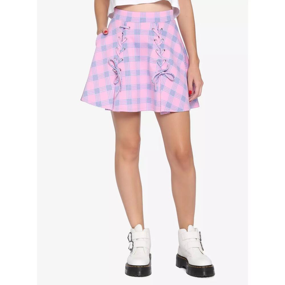 Hot Topic Blue and Pink Plaid Lace Up Skirt Grunge Goth Pockets Size Small Bows